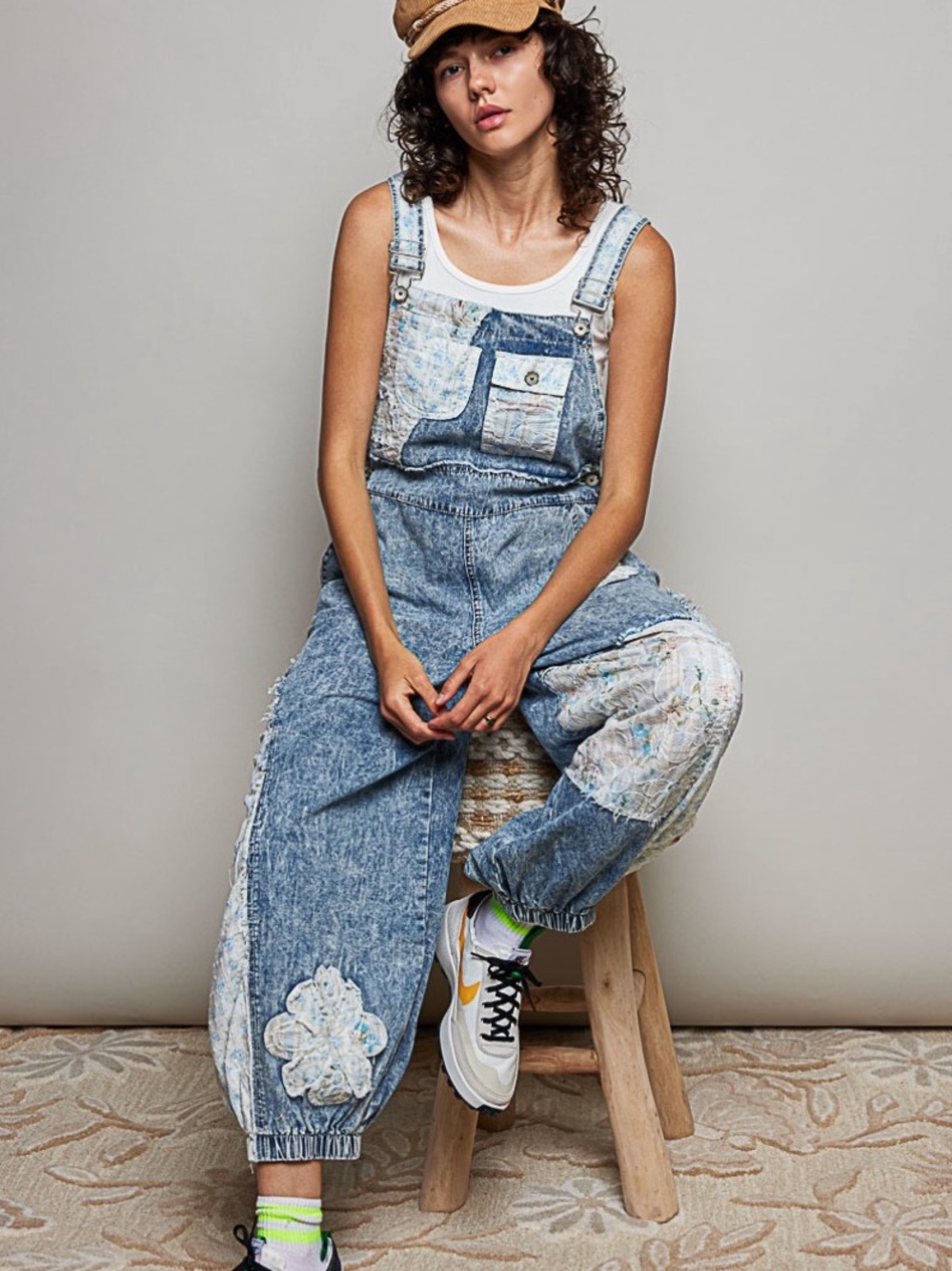 POL Acid Wash Denim Patchwork Overalls in Blue